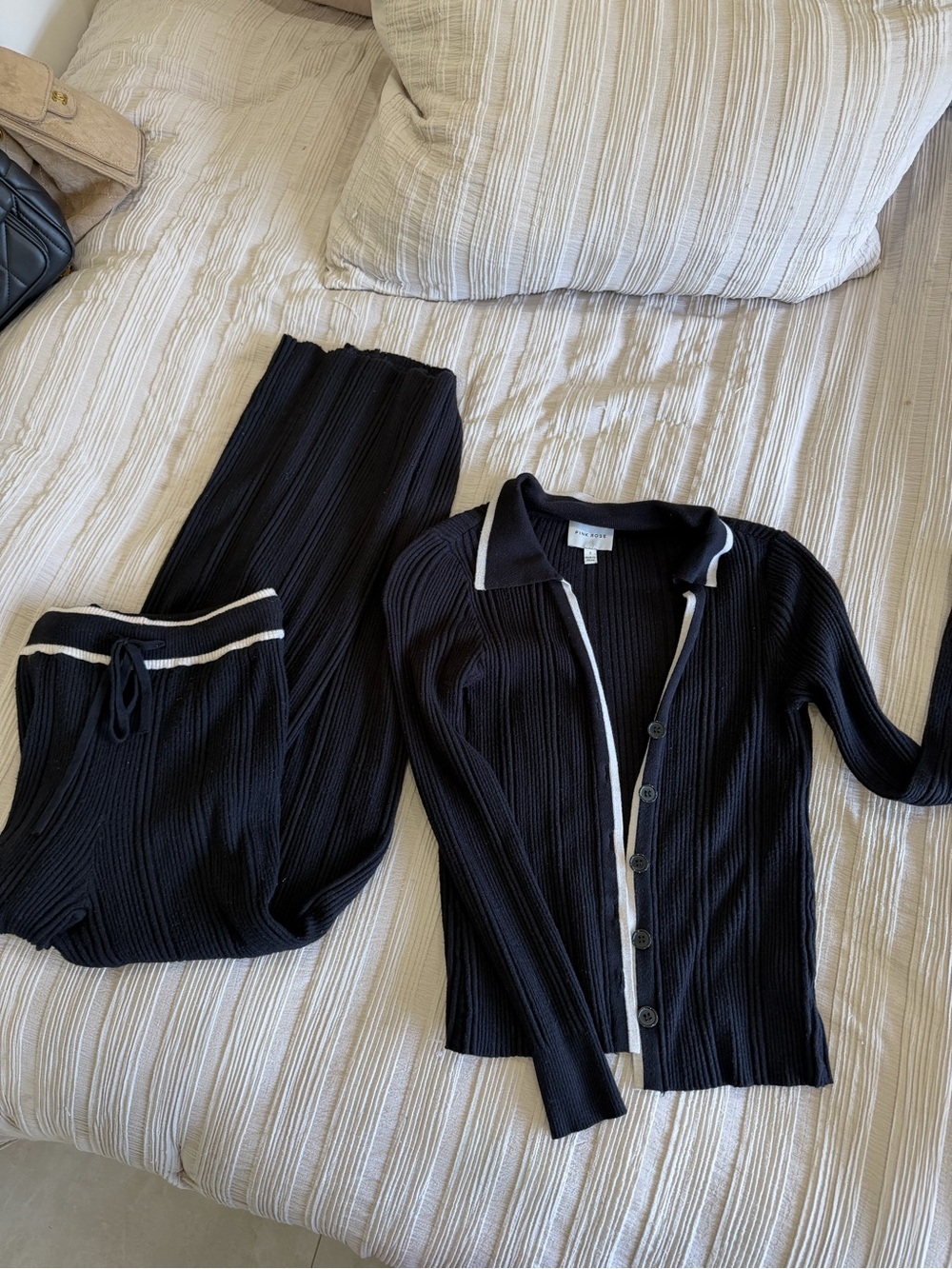 Black Ribbed Knit Track Pants with White Trim